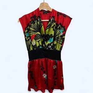 Forever 21 red satin top with a black floral print and a wide black scrunched wa